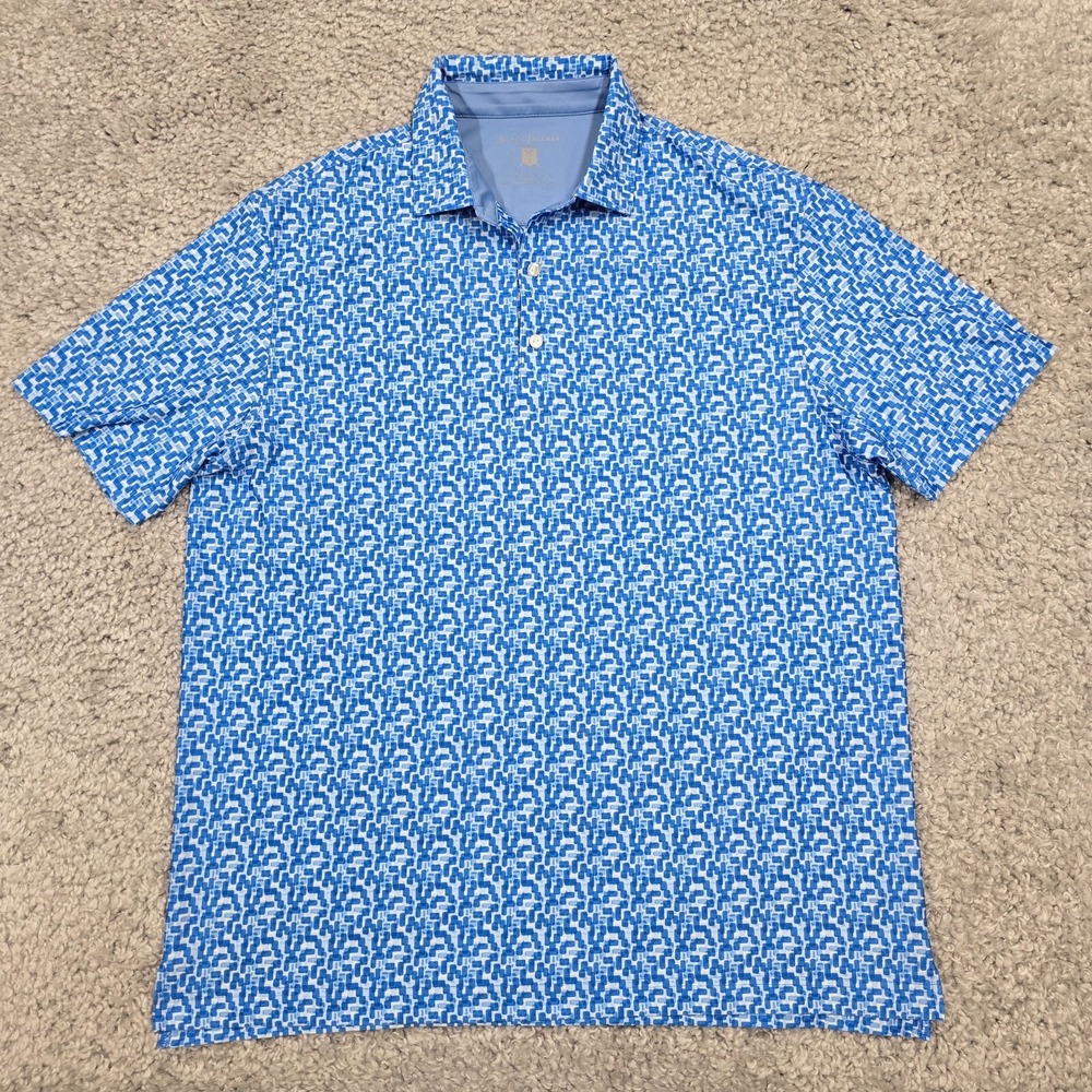 Hickey Freeman Mens Performance Polo Blue Geometric Stretch‎ Shirt Size L Golf